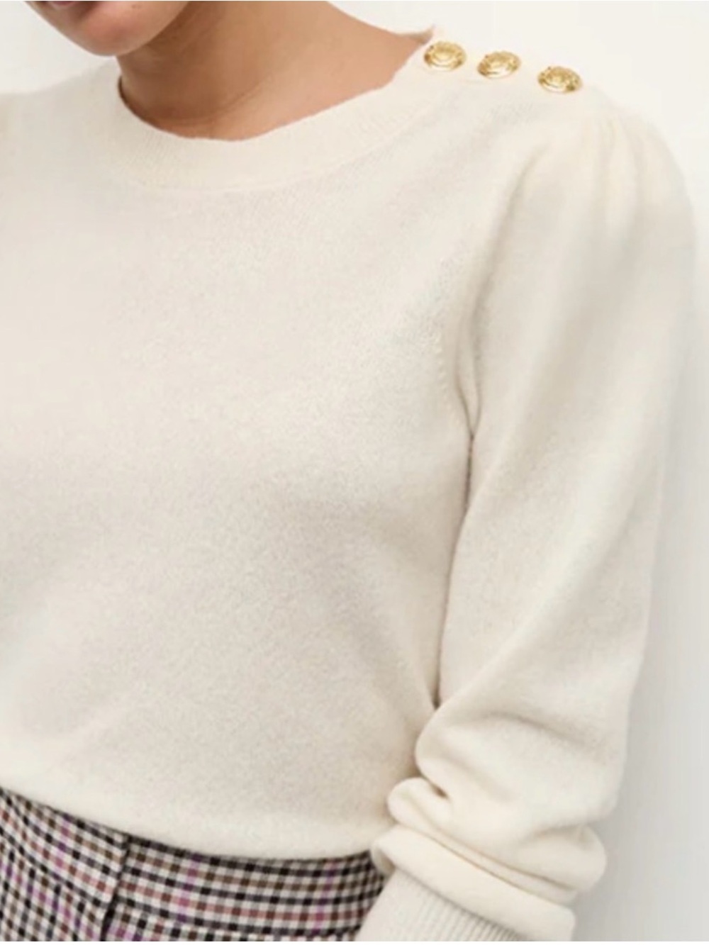 Veronica Beard Cashmere Cream Crewneck Sweater with Gold Shoulder Buttons